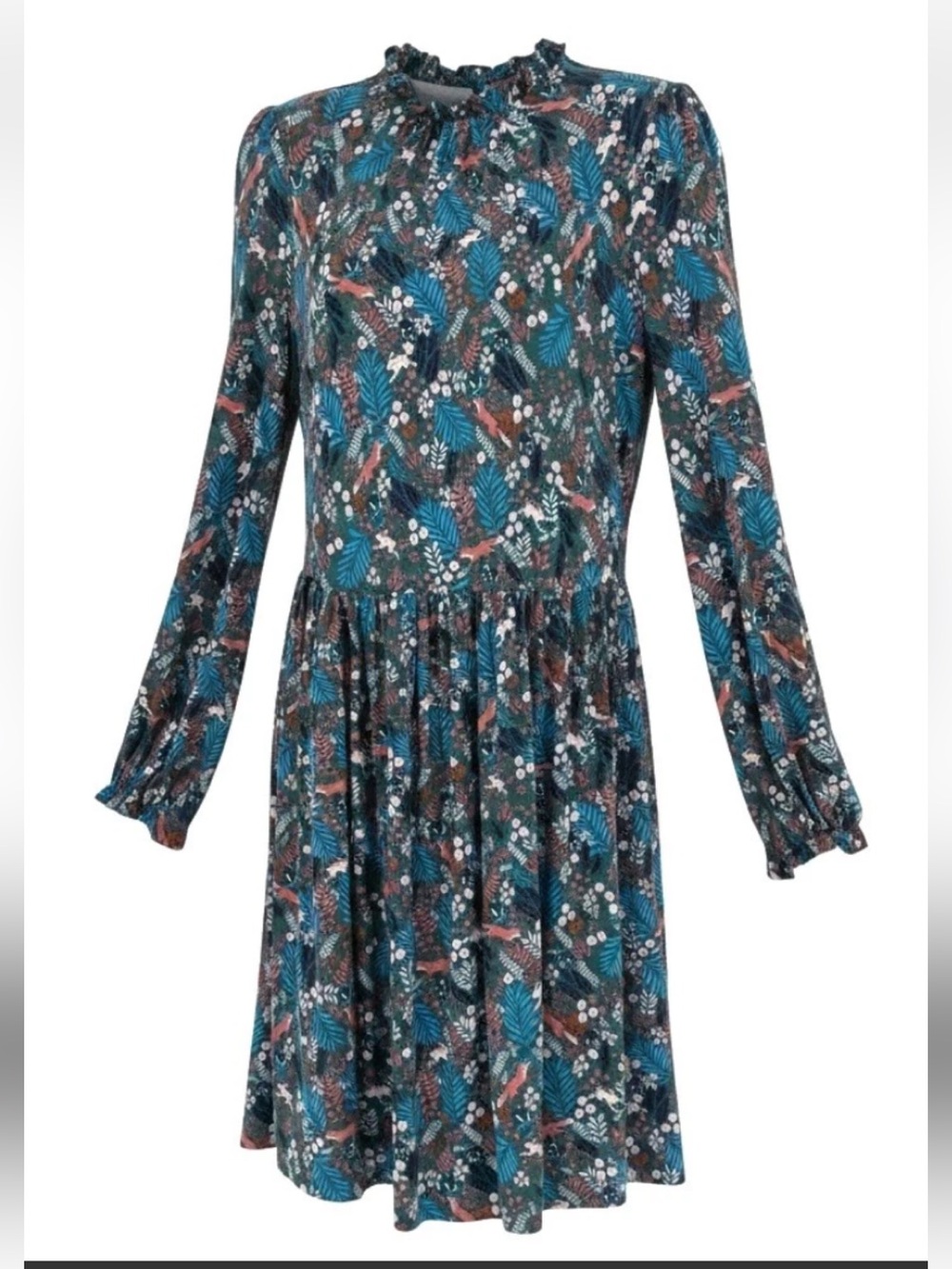 EUC Boden Floral Tiered Long-Sleeve Dress in Teal Pockets Adorable Print Soft!